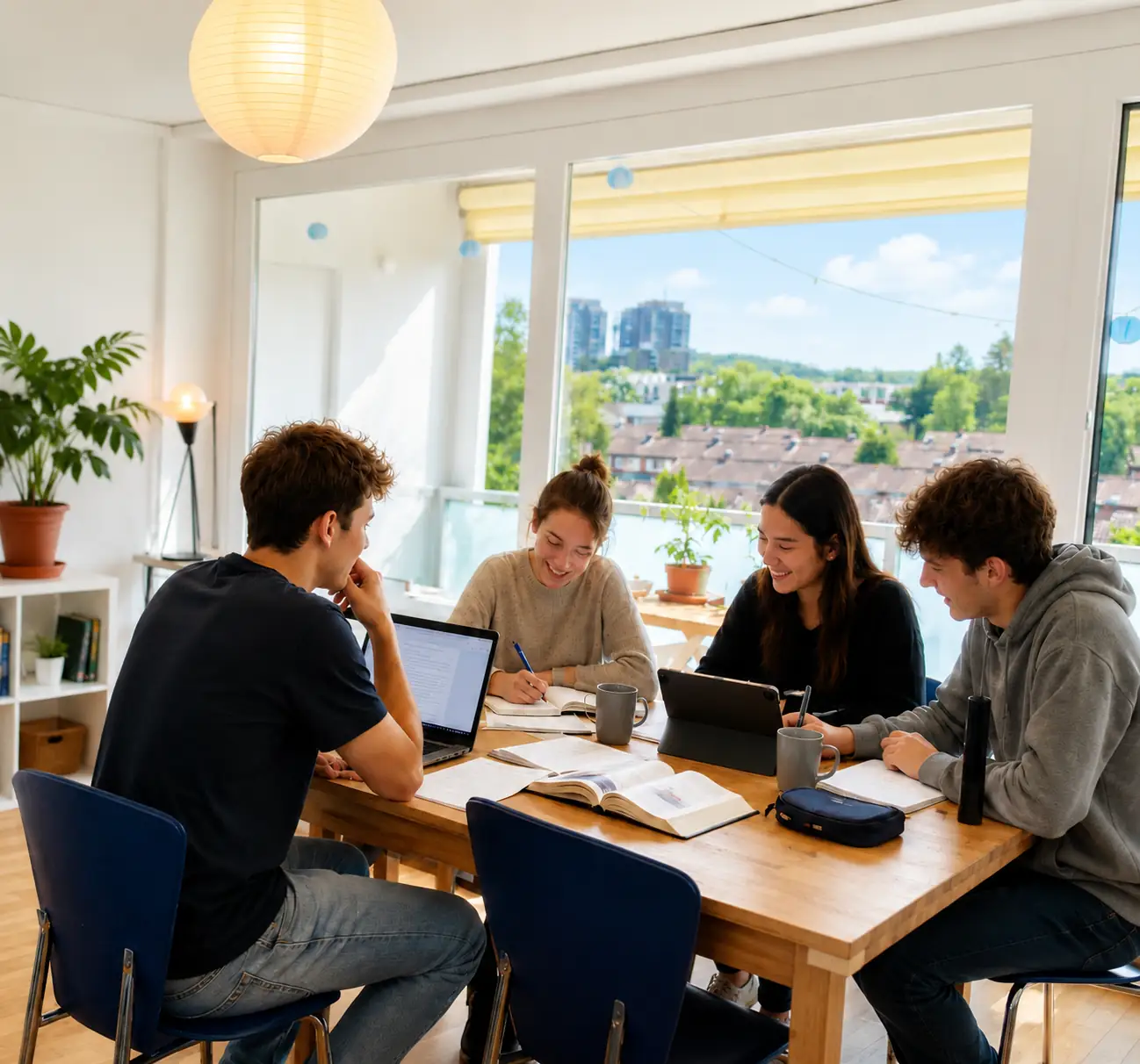 Studierende lernen gemeinsam in einem hellen Wohn- und Gemeinschaftsraum”